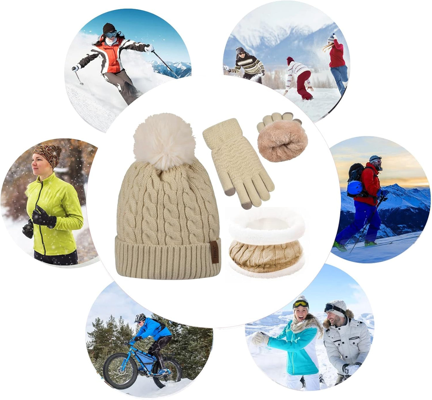 3Pcs Winter Women Beanie Hat Scarf and Touch Screen Gloves Sets Girls Classic Knit Warm Chunky Fleece Lined Cable Cap